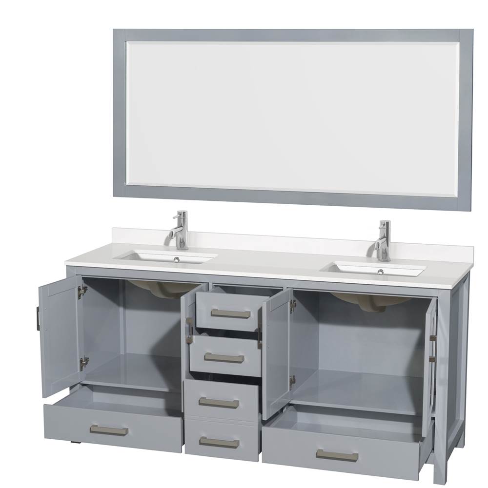 Sheffield 72 Inch Double Bathroom Vanity in Gray, White Quartz Countertop, Undermount Square Sinks, 70 Inch Mirror