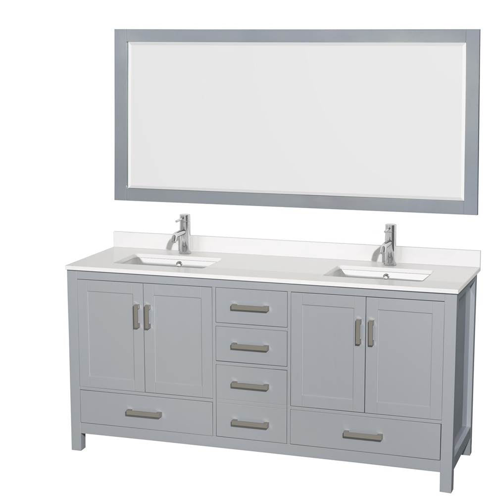 Wyndham Collection - Sheffield 72 Inch Double Bathroom Vanity in Gray, White Quartz Countertop, Undermount Square Sinks, 70 Inch Mirror - Gray