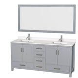 Wyndham Collection - Sheffield 72 Inch Double Bathroom Vanity in Gray, White Quartz Countertop, Undermount Square Sinks, 70 Inch Mirror - Gray