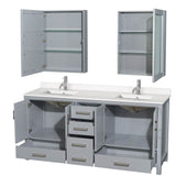 Sheffield 72 Inch Double Bathroom Vanity in Gray, White Quartz Countertop, Undermount Square Sinks, Medicine Cabinets