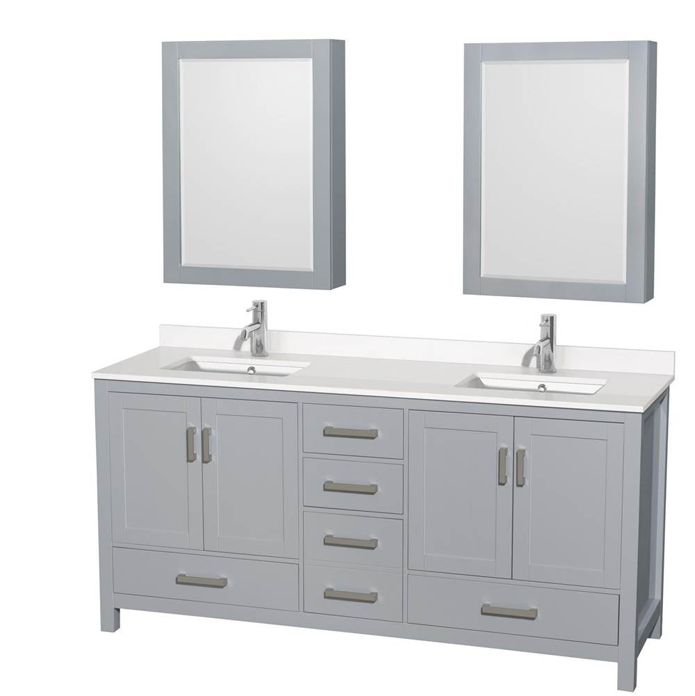 Wyndham Collection - Sheffield 72 Inch Double Bathroom Vanity in Gray, White Quartz Countertop, Undermount Square Sinks, Medicine Cabinets - Gray