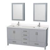 Wyndham Collection - Sheffield 72 Inch Double Bathroom Vanity in Gray, White Quartz Countertop, Undermount Square Sinks, Medicine Cabinets - Gray