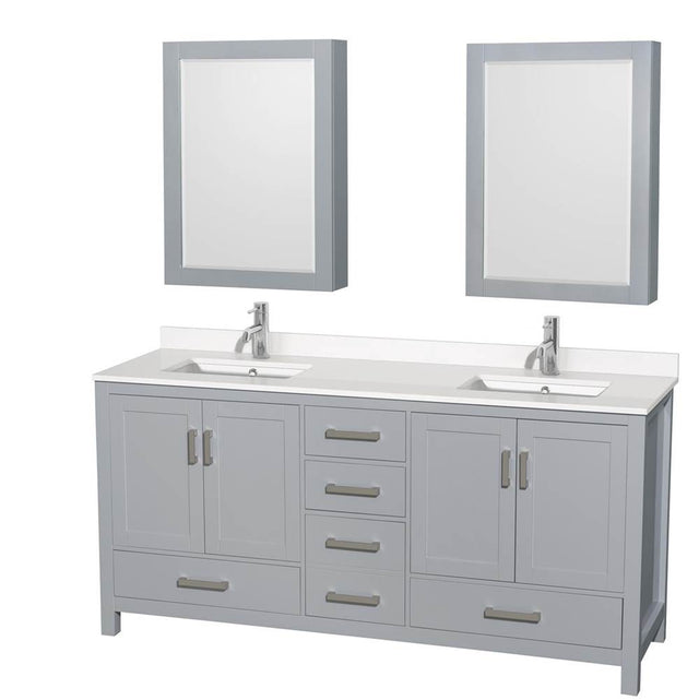 Wyndham Collection - Sheffield 72 Inch Double Bathroom Vanity in Gray, White Quartz Countertop, Undermount Square Sinks, Medicine Cabinets - Gray