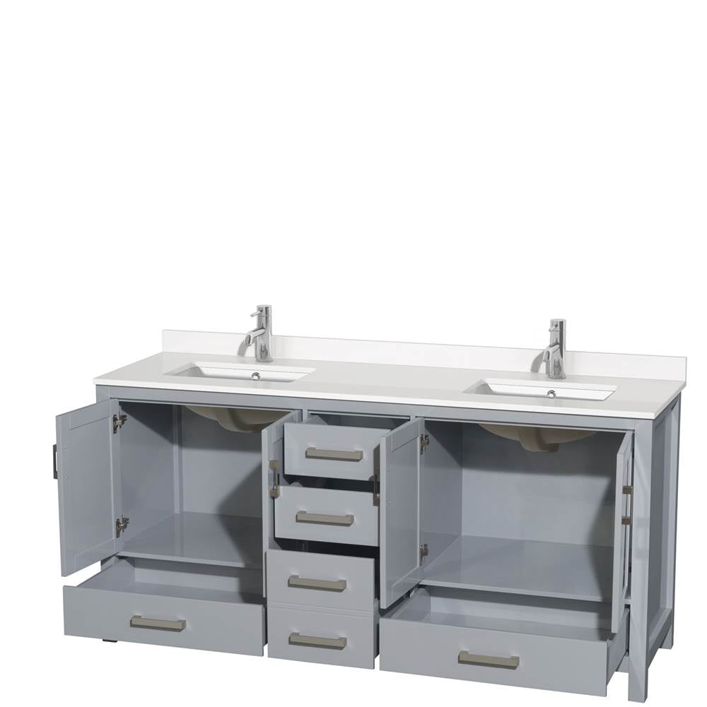 Sheffield 72 Inch Double Bathroom Vanity in Gray, White Quartz Countertop, Undermount Square Sinks, No Mirror