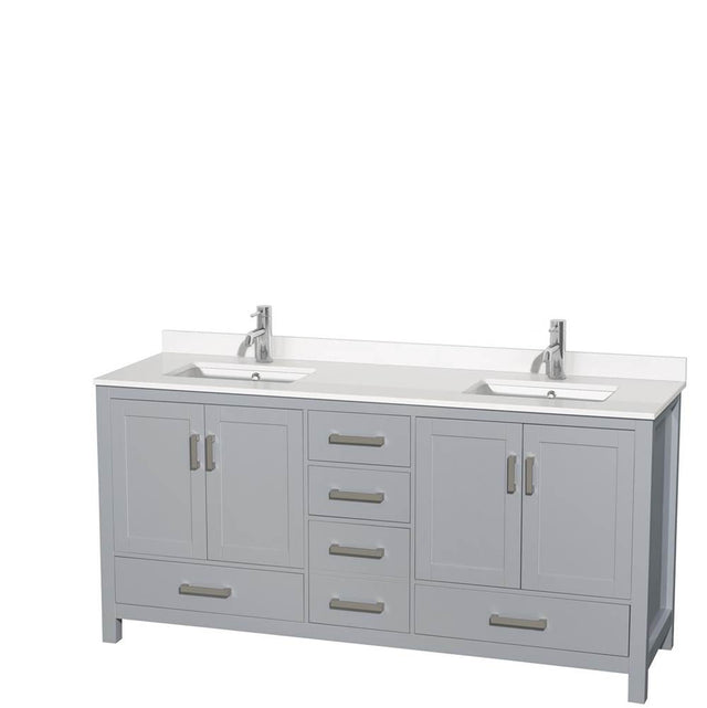 Wyndham Collection - Sheffield 72 Inch Double Bathroom Vanity in Gray, White Quartz Countertop, Undermount Square Sinks, No Mirror - Gray