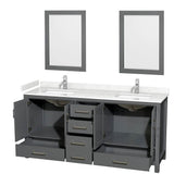 Sheffield 72 Inch Double Bathroom Vanity in Dark Gray, Carrara Cultured Marble Countertop, Undermount Square Sinks, 24 Inch Mirrors