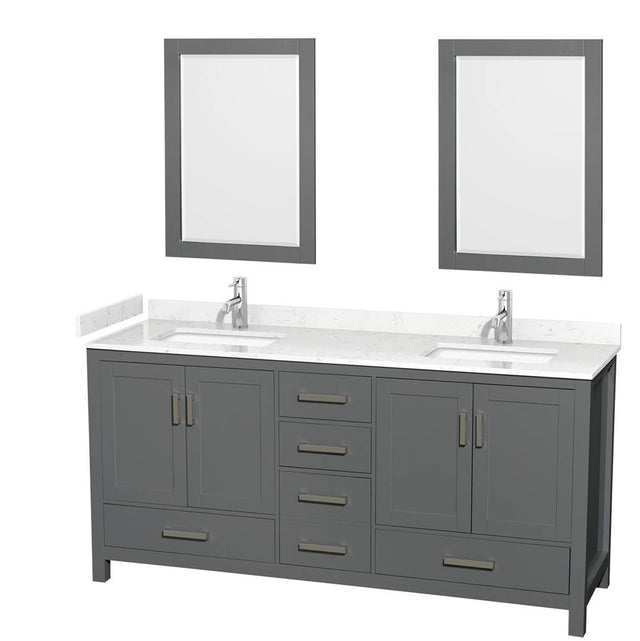 Wyndham Collection - Sheffield 72 Inch Double Bathroom Vanity in Dark Gray, Carrara Cultured Marble Countertop, Undermount Square Sinks, 24 Inch Mirrors
