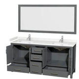 Sheffield 72 Inch Double Bathroom Vanity in Dark Gray, Carrara Cultured Marble Countertop, Undermount Square Sinks, 70 Inch Mirror
