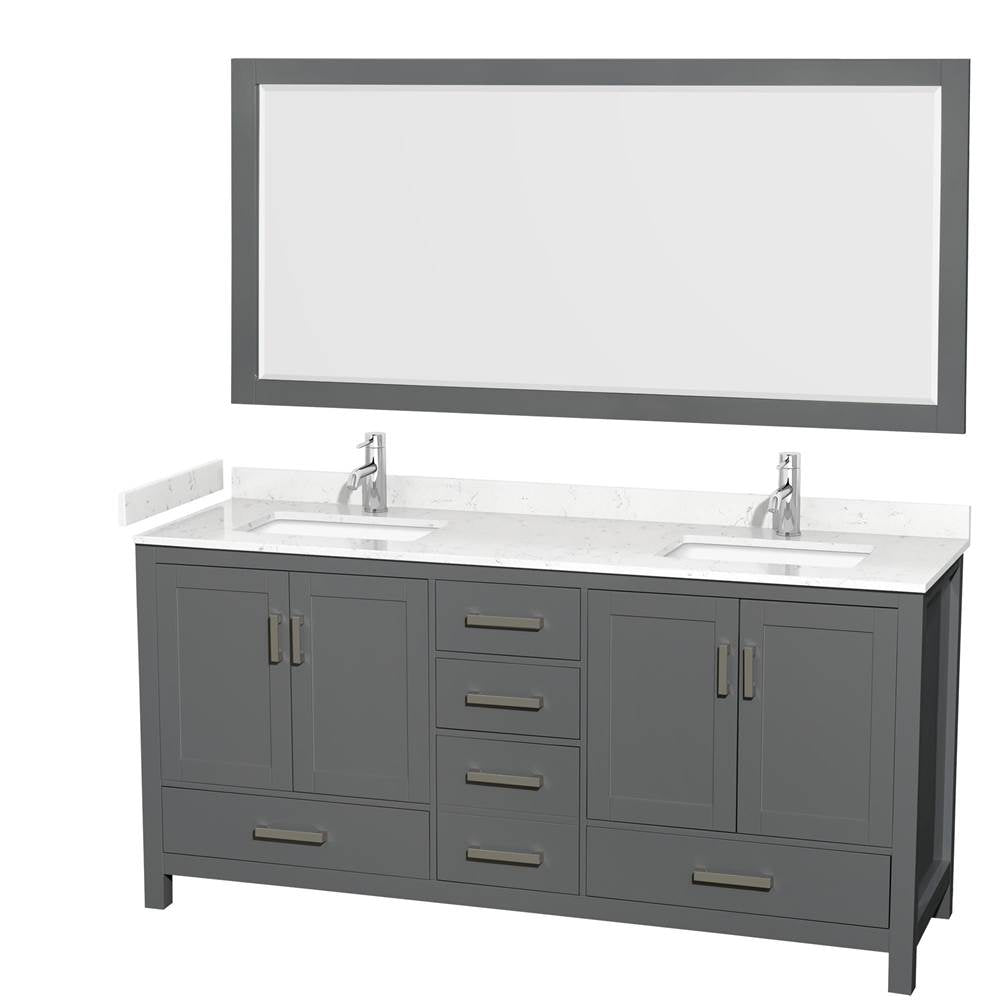 Wyndham Collection - Sheffield 72 Inch Double Bathroom Vanity in Dark Gray, Carrara Cultured Marble Countertop, Undermount Square Sinks, 70 Inch Mirror