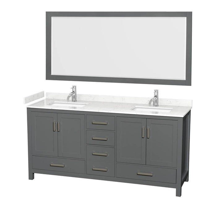 Wyndham Collection - Sheffield 72 Inch Double Bathroom Vanity in Dark Gray, Carrara Cultured Marble Countertop, Undermount Square Sinks, 70 Inch Mirror