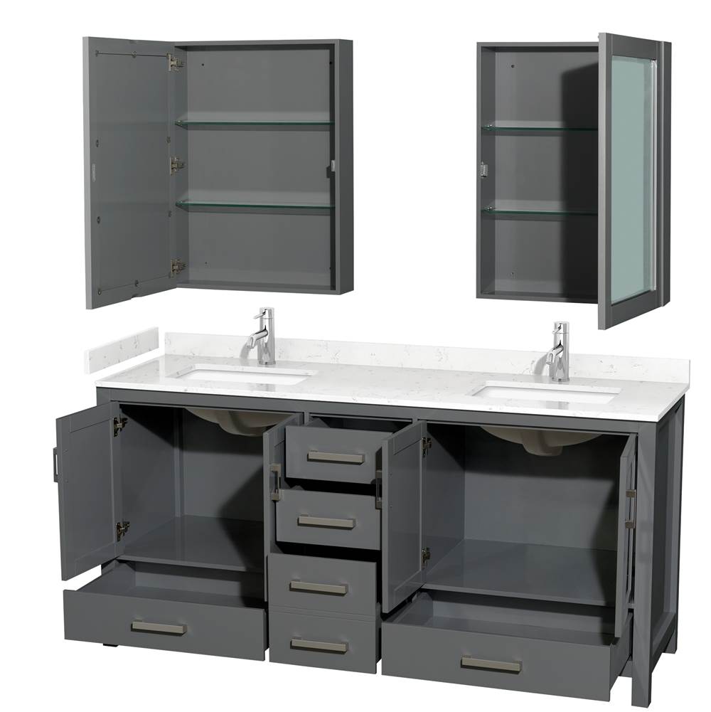 Sheffield 72 Inch Double Bathroom Vanity in Dark Gray, Carrara Cultured Marble Countertop, Undermount Square Sinks, Medicine Cabinets
