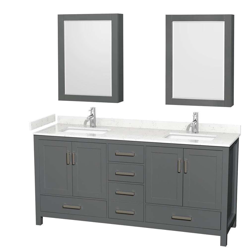 Wyndham Collection - Sheffield 72 Inch Double Bathroom Vanity in Dark Gray, Carrara Cultured Marble Countertop, Undermount Square Sinks, Medicine Cabinets