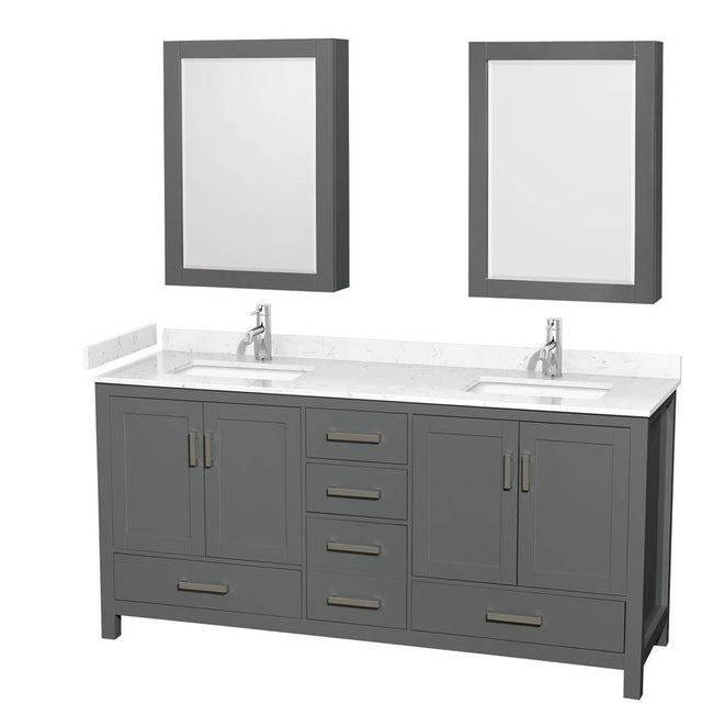 Wyndham Collection - Sheffield 72 Inch Double Bathroom Vanity in Dark Gray, Carrara Cultured Marble Countertop, Undermount Square Sinks, Medicine Cabinets