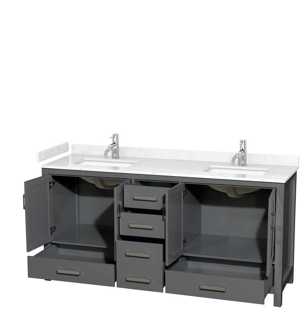 Sheffield 72 Inch Double Bathroom Vanity in Dark Gray, Carrara Cultured Marble Countertop, Undermount Square Sinks, No Mirror