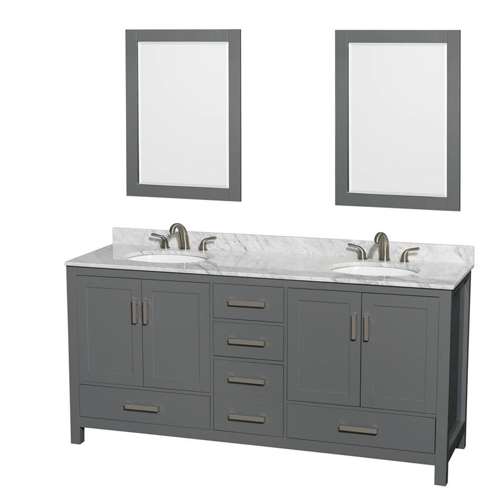 Wyndham Collection - Sheffield 72 Inch Double Bathroom Vanity in Dark Gray, White Carrara Marble Countertop, Undermount Oval Sinks, and 24 Inch Mirrors - Dark Gray