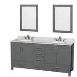 Wyndham Collection - Sheffield 72 Inch Double Bathroom Vanity in Dark Gray, White Carrara Marble Countertop, Undermount Oval Sinks, and 24 Inch Mirrors - Dark Gray