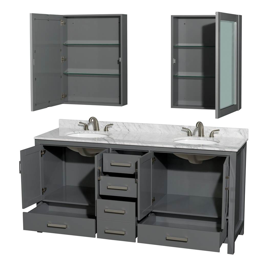 Sheffield 72 Inch Double Bathroom Vanity in Espresso, White Carrara Marble Countertop, Undermount Oval Sinks, and Medicine Cabinets