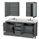 Sheffield 72 Inch Double Bathroom Vanity in Espresso, White Carrara Marble Countertop, Undermount Oval Sinks, and Medicine Cabinets