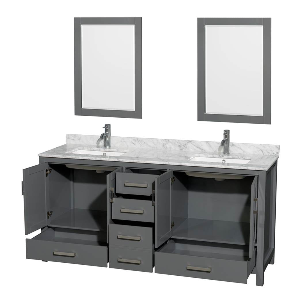 Sheffield 72 Inch Double Bathroom Vanity in Espresso, White Carrara Marble Countertop, Undermount Square Sinks, and 24 Inch Mirrors