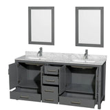 Sheffield 72 Inch Double Bathroom Vanity in Espresso, White Carrara Marble Countertop, Undermount Square Sinks, and 24 Inch Mirrors