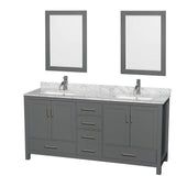 Wyndham Collection - Sheffield 72 Inch Double Bathroom Vanity in Dark Gray, White Carrara Marble Countertop, Undermount Square Sinks, and 24 Inch Mirrors - Dark Gray