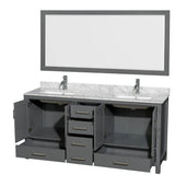 Sheffield 72 Inch Double Bathroom Vanity in Espresso, White Carrara Marble Countertop, Undermount Square Sinks, and 70 Inch Mirror
