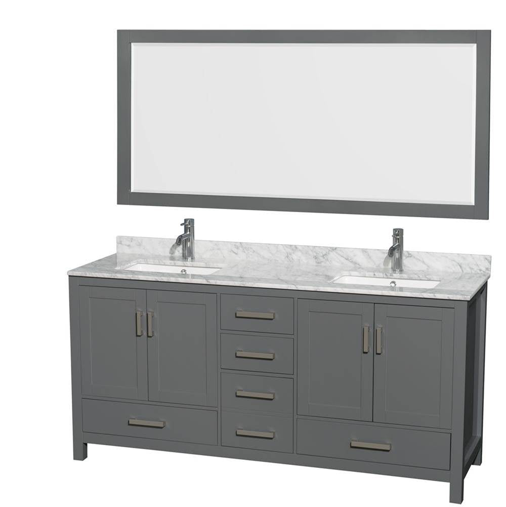 Wyndham Collection - Sheffield 72 Inch Double Bathroom Vanity in Dark Gray, White Carrara Marble Countertop, Undermount Square Sinks, and 70 Inch Mirror - Dark Gray