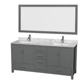 Wyndham Collection - Sheffield 72 Inch Double Bathroom Vanity in Dark Gray, White Carrara Marble Countertop, Undermount Square Sinks, and 70 Inch Mirror - Dark Gray