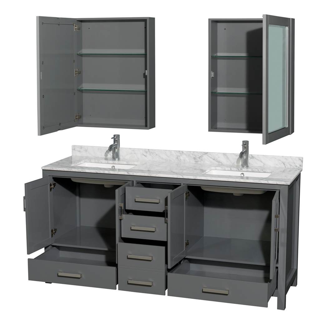 Sheffield 72 Inch Double Bathroom Vanity in Espresso, White Carrara Marble Countertop, Undermount Square Sinks, and Medicine Cabinets