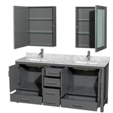 Sheffield 72 Inch Double Bathroom Vanity in Espresso, White Carrara Marble Countertop, Undermount Square Sinks, and Medicine Cabinets