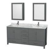Wyndham Collection - Sheffield 72 Inch Double Bathroom Vanity in Dark Gray, White Carrara Marble Countertop, Undermount Square Sinks, and Medicine Cabinets - Dark Gray