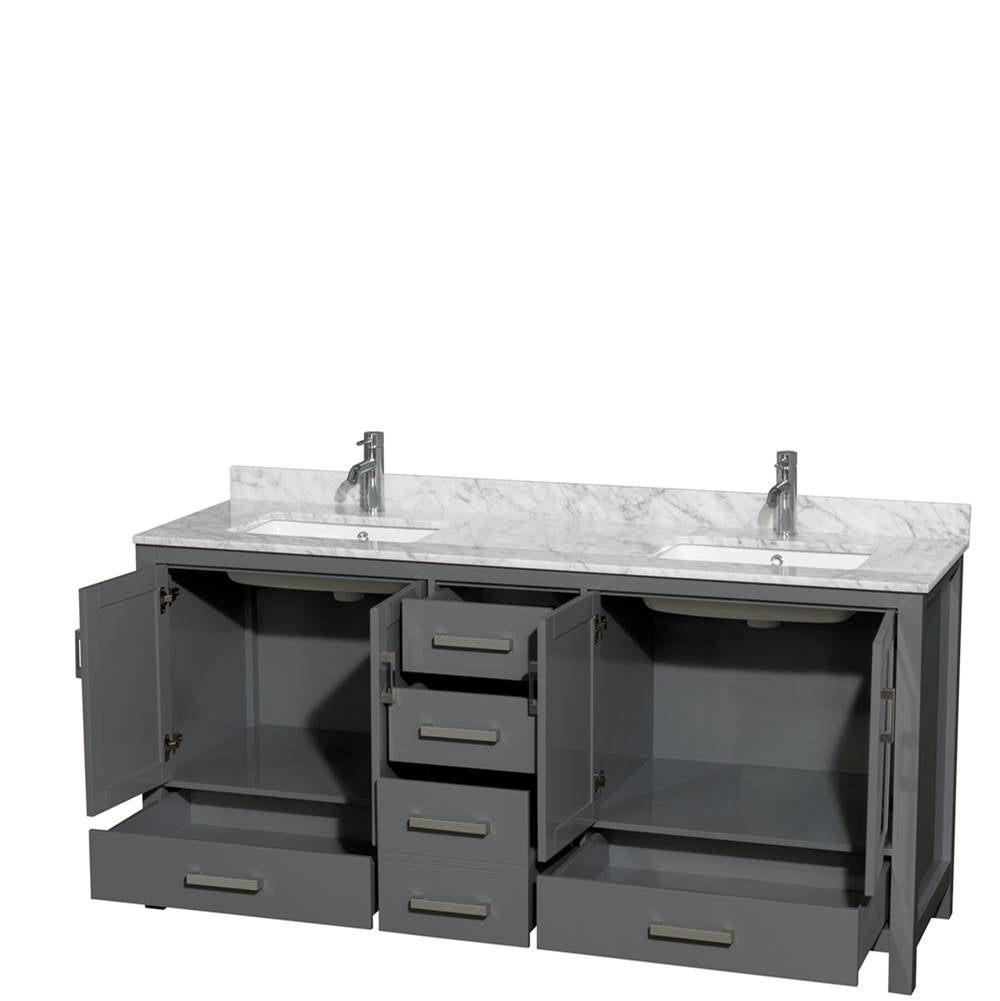 Sheffield 72 Inch Double Bathroom Vanity in Espresso, White Carrara Marble Countertop, Undermount Square Sinks, and No Mirror