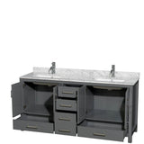 Sheffield 72 Inch Double Bathroom Vanity in Espresso, White Carrara Marble Countertop, Undermount Square Sinks, and No Mirror