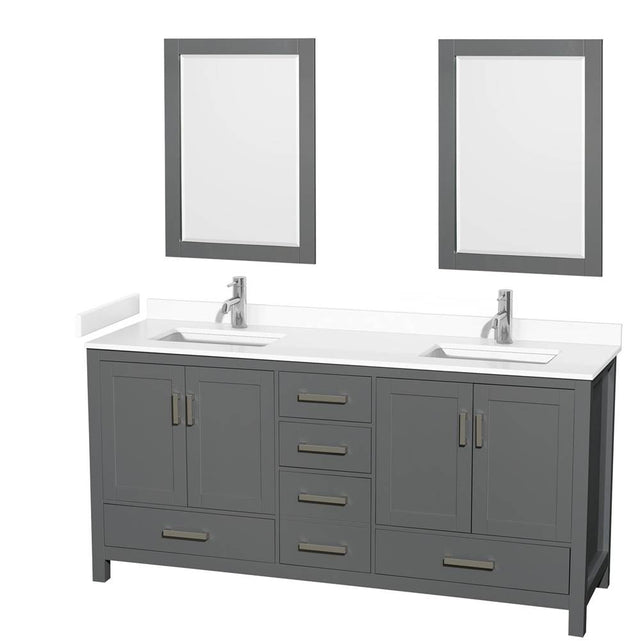 Wyndham Collection - Sheffield 72 Inch Double Bathroom Vanity in Dark Gray, White Cultured Marble Countertop, Undermount Square Sinks, 24 Inch Mirrors