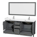 Sheffield 72 Inch Double Bathroom Vanity in Dark Gray, White Cultured Marble Countertop, Undermount Square Sinks, 70 Inch Mirror