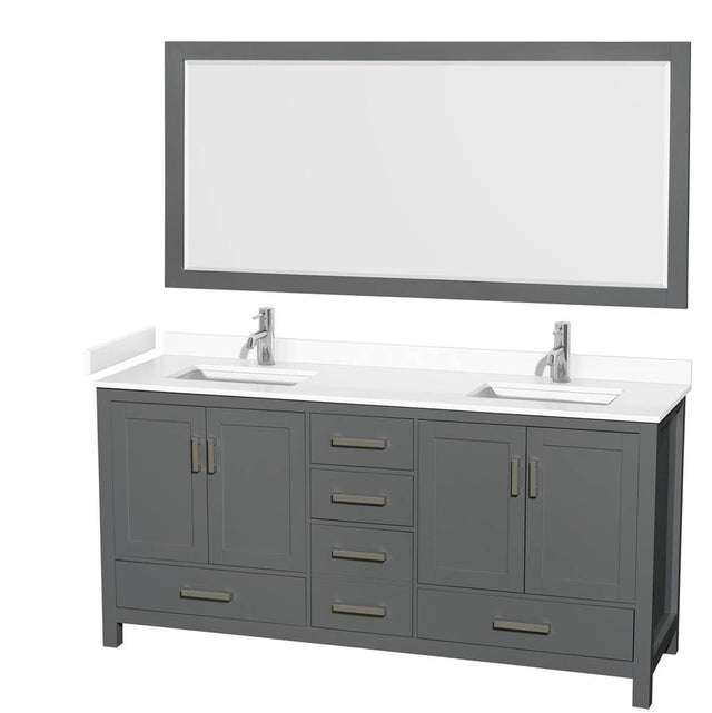 Wyndham Collection - Sheffield 72 Inch Double Bathroom Vanity in Dark Gray, White Cultured Marble Countertop, Undermount Square Sinks, 70 Inch Mirror