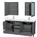 Sheffield 72 Inch Double Bathroom Vanity in Dark Gray, White Cultured Marble Countertop, Undermount Square Sinks, Medicine Cabinets