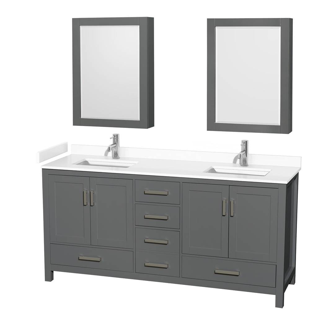 Wyndham Collection - Sheffield 72 Inch Double Bathroom Vanity in Dark Gray, White Cultured Marble Countertop, Undermount Square Sinks, Medicine Cabinets