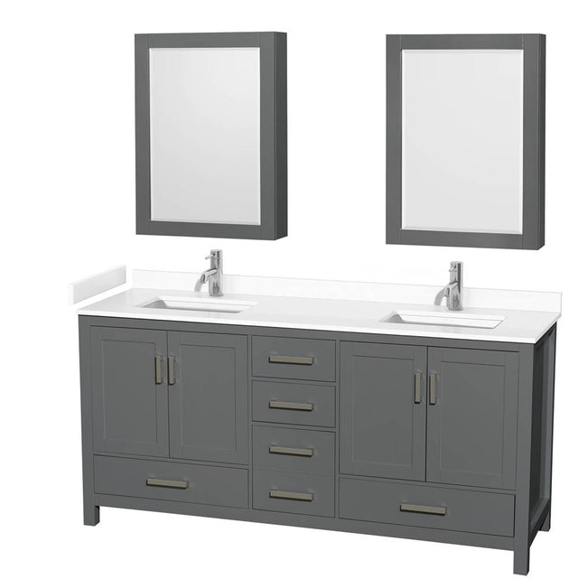 Wyndham Collection - Sheffield 72 Inch Double Bathroom Vanity in Dark Gray, White Cultured Marble Countertop, Undermount Square Sinks, Medicine Cabinets