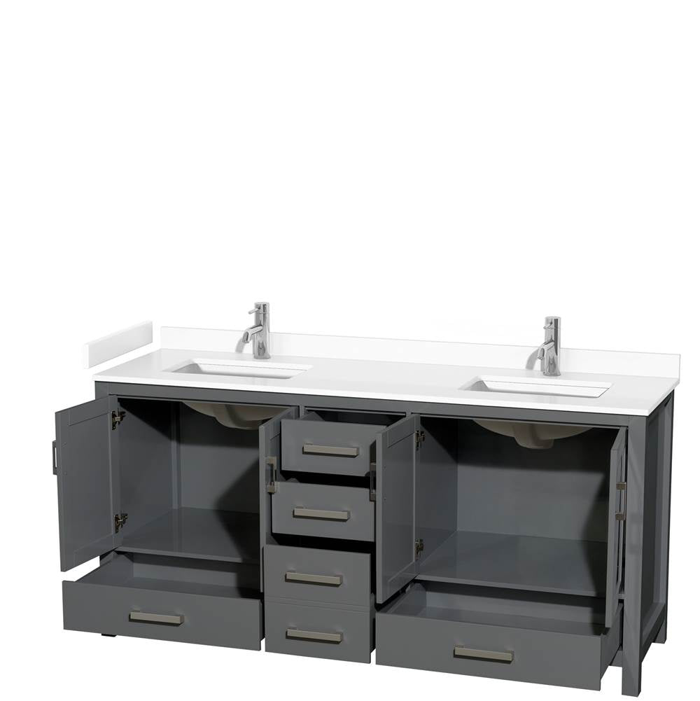 Sheffield 72 Inch Double Bathroom Vanity in Dark Gray, White Cultured Marble Countertop, Undermount Square Sinks, No Mirror