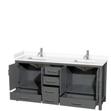Sheffield 72 Inch Double Bathroom Vanity in Dark Gray, White Cultured Marble Countertop, Undermount Square Sinks, No Mirror