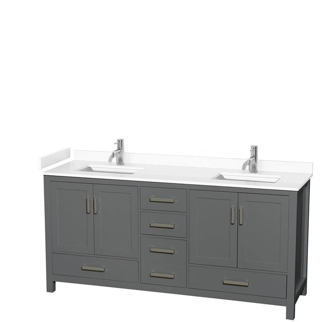 Wyndham Collection - Sheffield 72 Inch Double Bathroom Vanity in Dark Gray, White Cultured Marble Countertop, Undermount Square Sinks, No Mirror