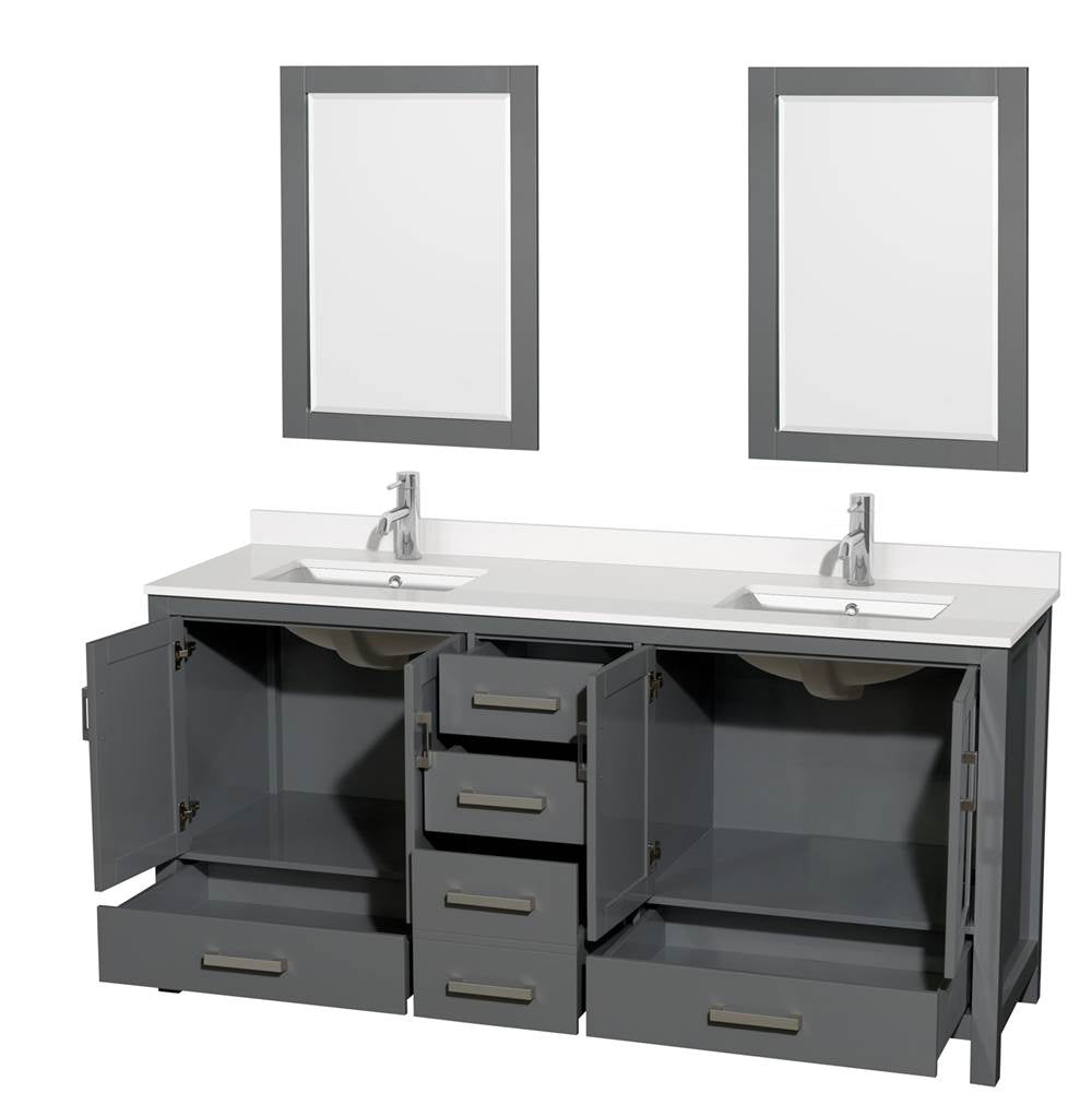 Sheffield 72 Inch Double Bathroom Vanity in Gray, White Quartz Countertop, Undermount Square Sinks, 24 Inch Mirrors