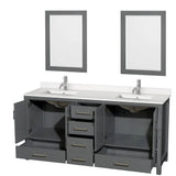 Sheffield 72 Inch Double Bathroom Vanity in Gray, White Quartz Countertop, Undermount Square Sinks, 24 Inch Mirrors