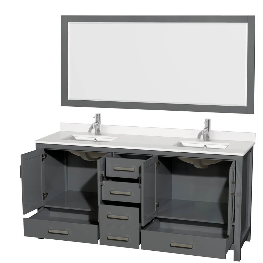 Sheffield 72 Inch Double Bathroom Vanity in Gray, White Quartz Countertop, Undermount Square Sinks, 70 Inch Mirror