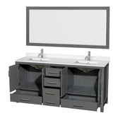 Sheffield 72 Inch Double Bathroom Vanity in Gray, White Quartz Countertop, Undermount Square Sinks, 70 Inch Mirror