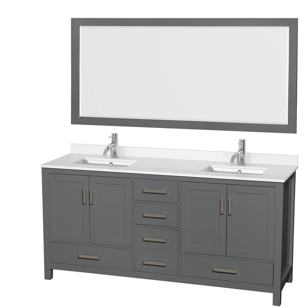 Wyndham Collection - Sheffield 72 Inch Double Bathroom Vanity in Dark Gray, White Quartz Countertop, Undermount Square Sinks, 70 Inch Mirror - Dark Gray