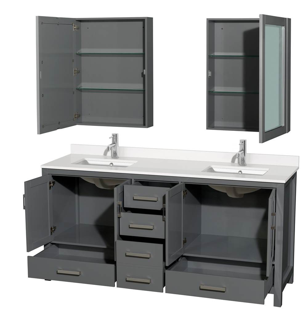 Sheffield 72 Inch Double Bathroom Vanity in Gray, White Quartz Countertop, Undermount Square Sinks, Medicine Cabinets