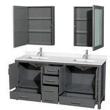 Sheffield 72 Inch Double Bathroom Vanity in Gray, White Quartz Countertop, Undermount Square Sinks, Medicine Cabinets