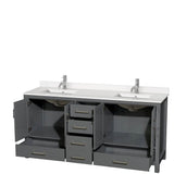 Sheffield 72 Inch Double Bathroom Vanity in Gray, White Quartz Countertop, Undermount Square Sinks, No Mirror